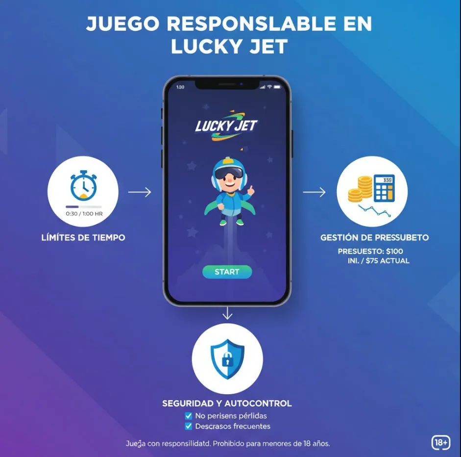 Infografía sobre juego responsable en Lucky Jet, mostrando iconos de un reloj para límites de tiempo, una pila de monedas para gestión de presupuesto y un escudo para seguridad, con un smartphone que tiene la interfaz del juego.