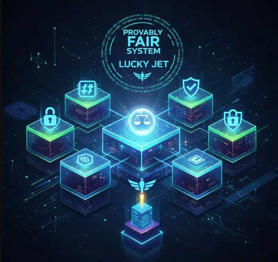 Representación visual del sistema 'Provably Fair', con bloques de blockchain interconectados, candados y símbolos de seguridad criptográfica, demostrando la imparcialidad y transparencia del juego Lucky Jet.